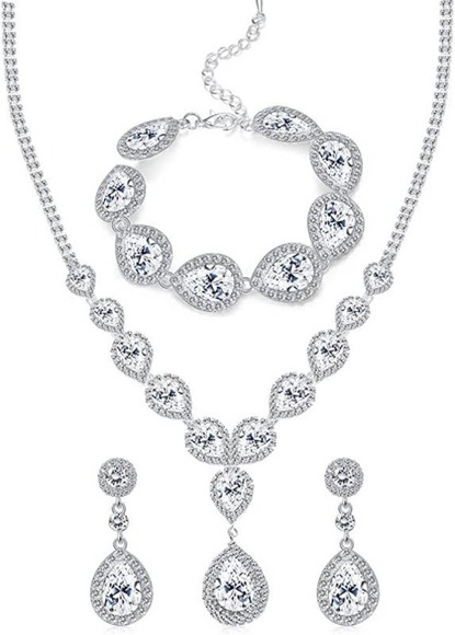 Diamond Crystal Necklace Set CZ Zircon Rhinestone Necklace Bracelet Earrings Set - Picture 6 of 7